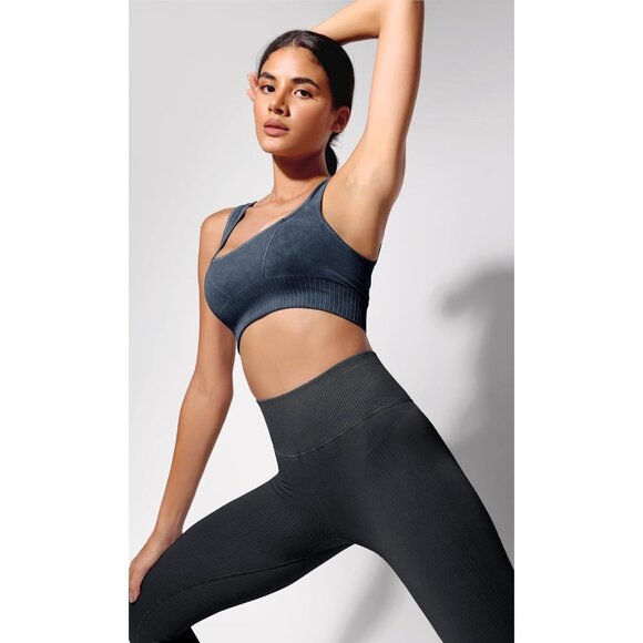 Women's Stone Washing Navy Square Neck Low Back Ribbed Cropped Sports Bra - Picture 4 of 5